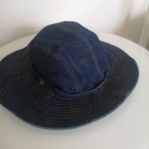 Women's Navy Wide-Brim Denim Sun Hat Vintage - Picture 10 of 12